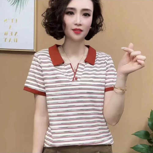 2026年夏装新款妈妈装短袖t恤女士有翻领条纹上衣洋气带领polo衫