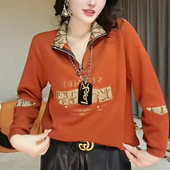 妈妈装 印花立领烫钻大码 t恤中年宽松卫衣半拉链长袖 春秋款 小衫 潮