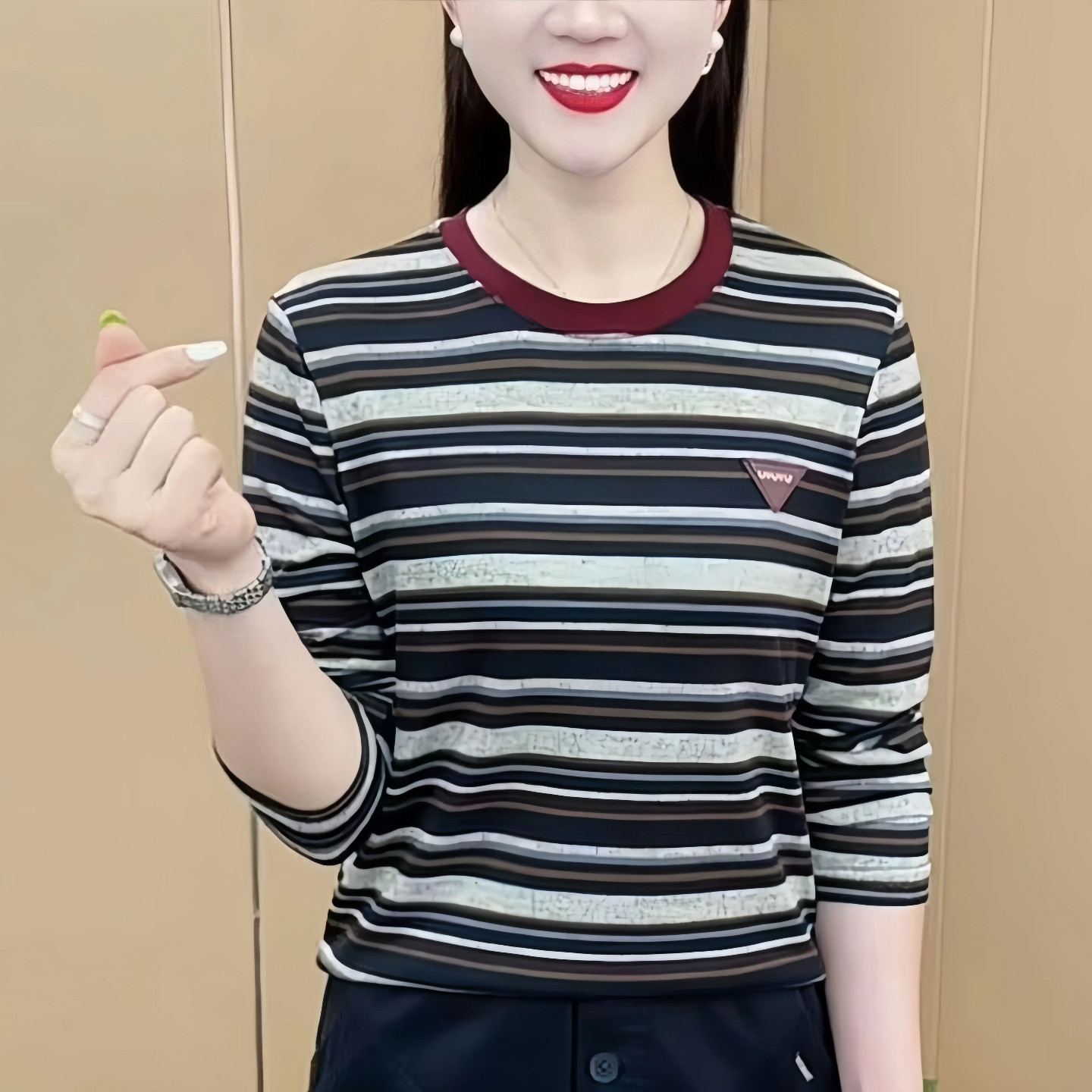 正肩时尚条纹洋气长袖T恤女宽松秋冬季2026新款内搭打底衫上衣服,女装/女士精品,T恤,淘宝优惠券,粉丝福利购,淘宝优惠卷