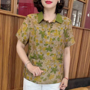 女士碎花洋气时尚 妈妈夏装 中老年女印花新款 短袖 T恤ins潮 上衣薄款