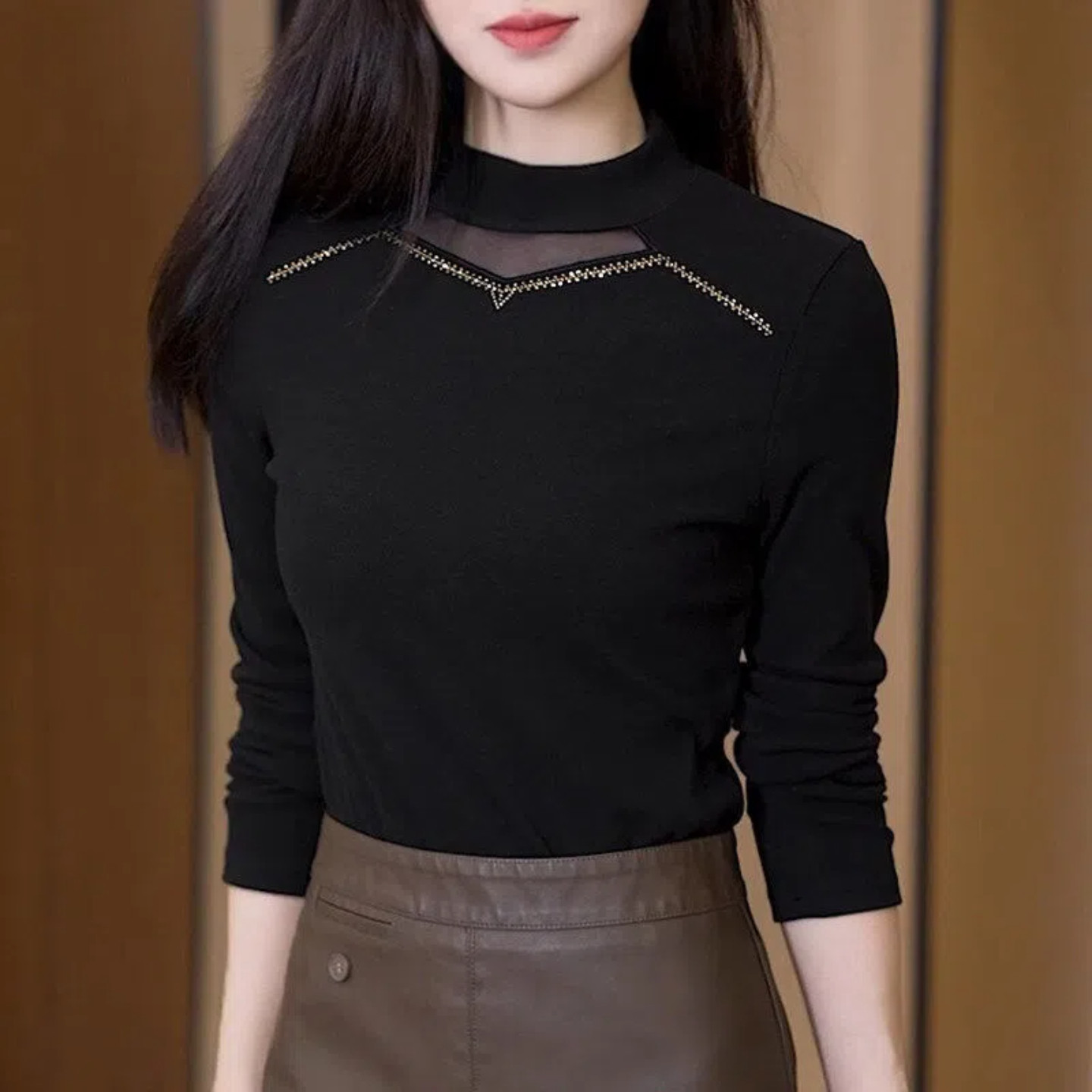 半高领长袖打底衫内搭高级感可外穿爆款修身型上衣烫钻时髦T恤潮