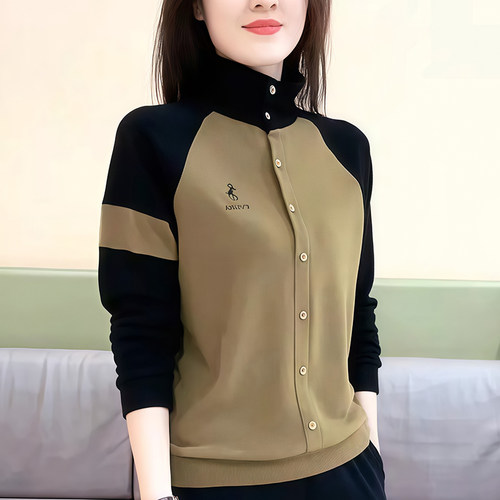 中年妈妈春季两用领拼接刺绣长袖T恤女2026款减龄百搭女休闲卫衣