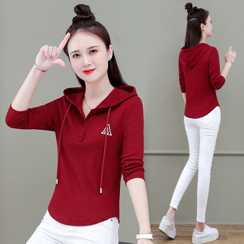 打底衫女t恤长袖带帽2026年春秋休闲运动连帽小个子卫衣上衣秋装