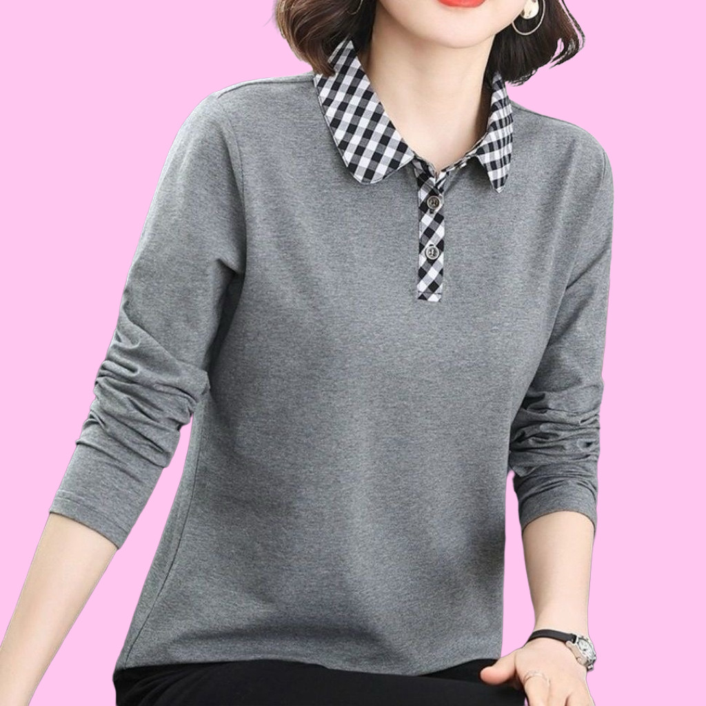 妈妈翻领长袖拼接格子打底衫2025新款春秋t恤中年妈妈洋气polo衫,女装/女士精品,T恤,淘宝优惠券,粉丝福利购,淘宝优惠卷