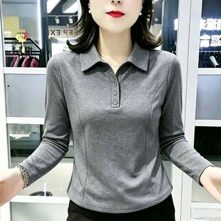 秋季新款长袖打底衫女时尚洋气中年妈妈装气质翻领T恤通勤ins上衣
