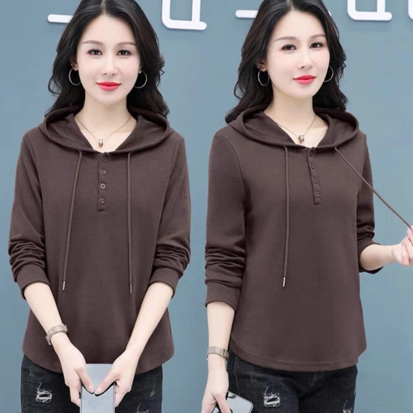 95棉女士连帽长袖T恤春秋宽松