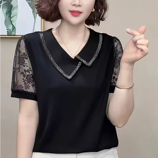 女士短袖 t恤2025夏装 翻领妈妈洋气烫钻显瘦上衣纱网蕾丝气质小衫