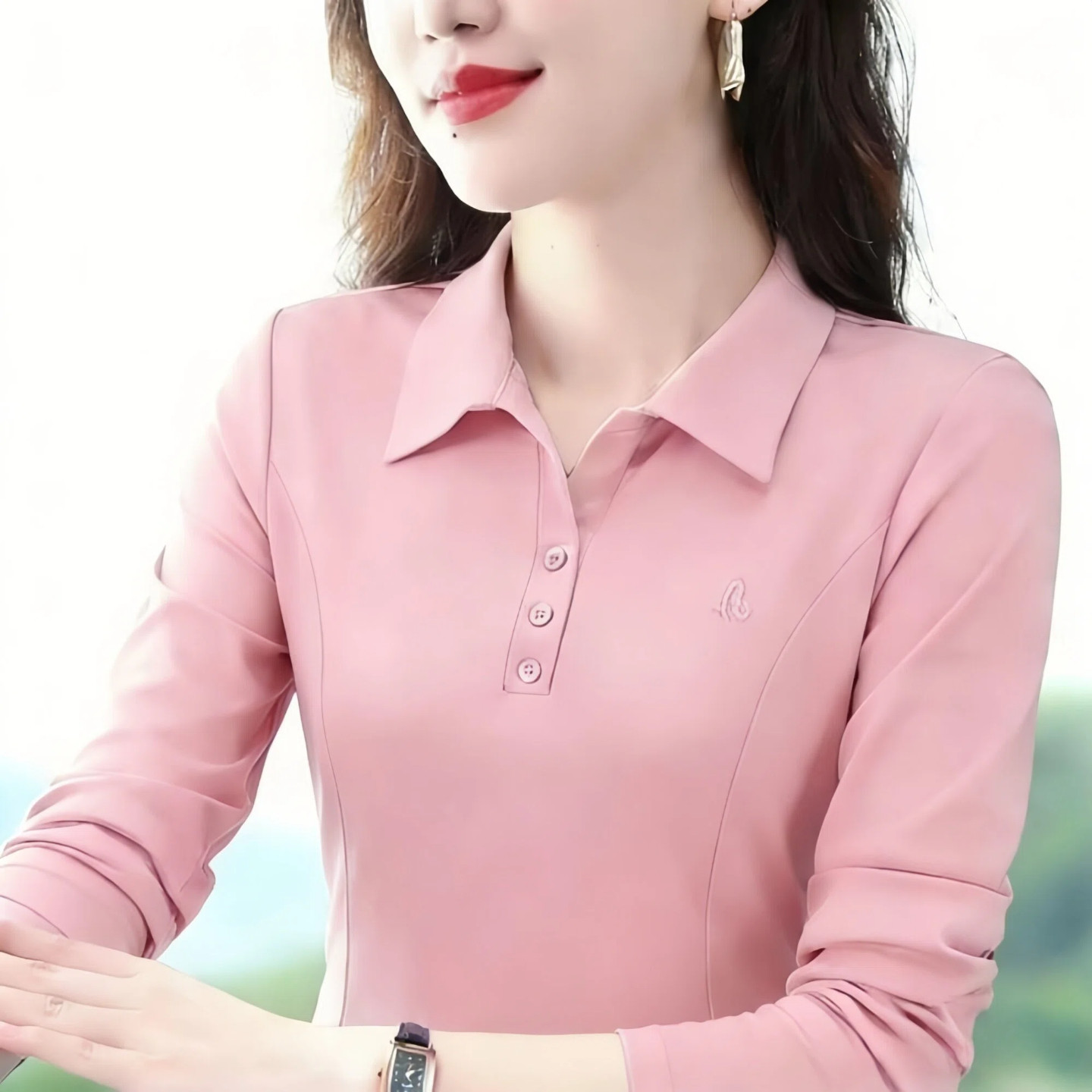 2026春秋季气质翻领长袖刺绣上衣女士洋气中年妈妈百搭T恤上衣潮