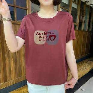新款 T恤女时尚 夏季 圆领印花字母短袖 洋气妈妈装 开叉简约上衣小衫
