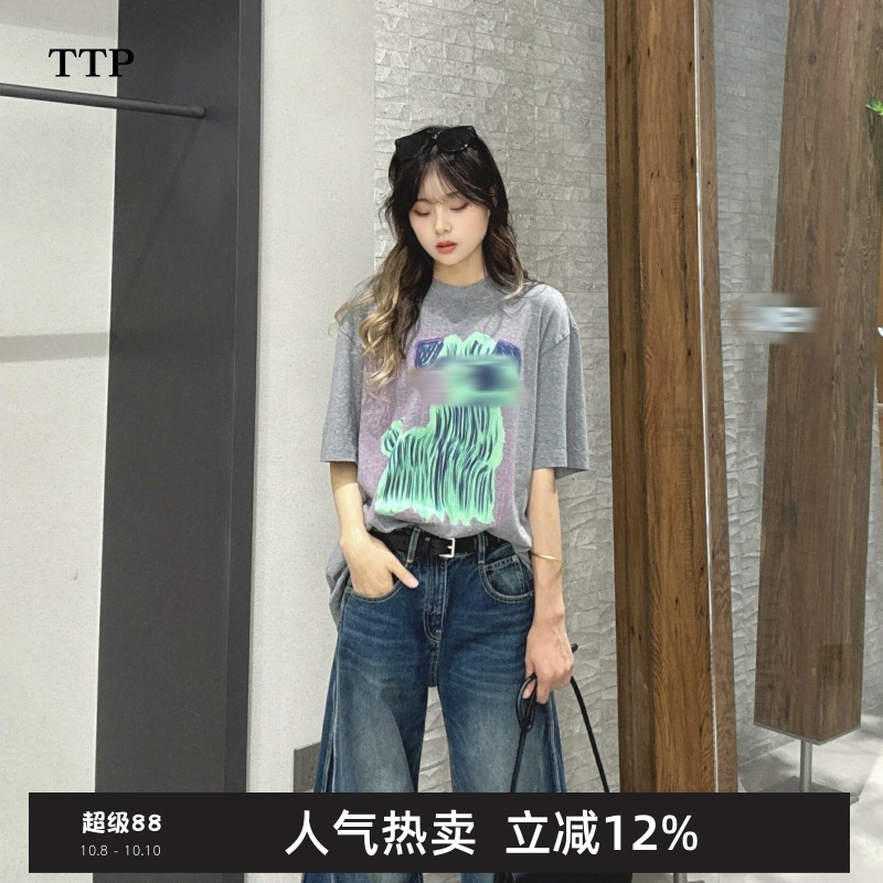 印花棉宽松短袖T恤趣味狗狗图案