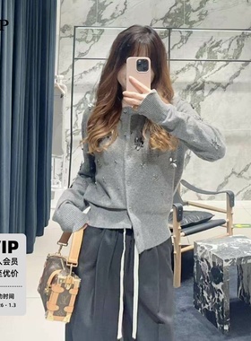 TTP家针织衫开衫绵羊毛精制镜面珠片钉钻短款灰色毛衣3CAR021