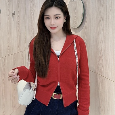 连帽拉链针织开衫毛衣女