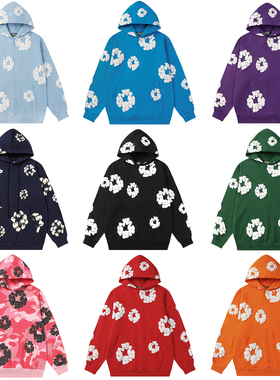 高品质DENIM TEARS CRAZY木棉花发泡印花美式VTG连帽卫衣男女帽衫