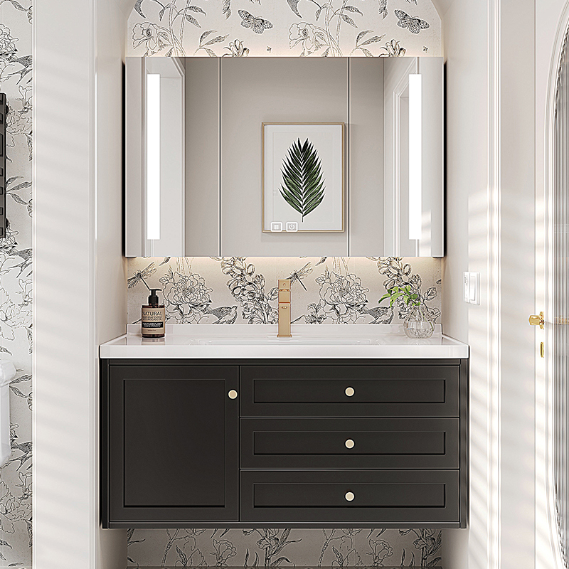 橡木洗手盆柜组合美式浴室柜陶瓷一体盆洗脸奶油风卫生间洗漱台黑