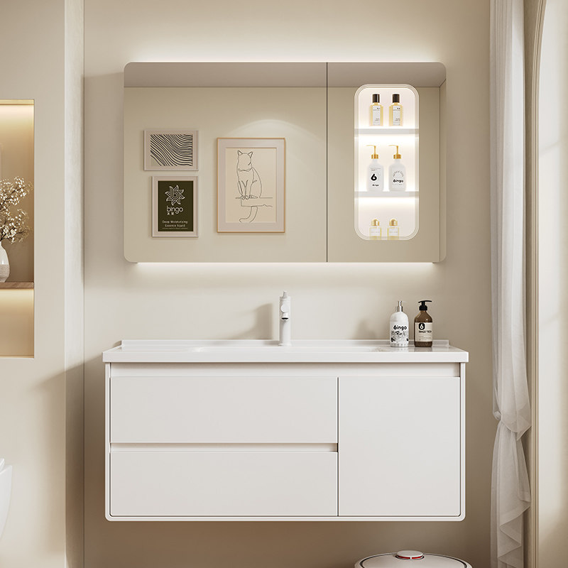 梦贝德2025新款奶油风橡木烤漆浴室柜组合陶瓷一体盆洗手洗脸盆柜