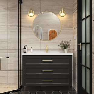 新款中古风浴室柜陶瓷一体盆橡木洗手盆柜组合落地美式洗漱台卫浴