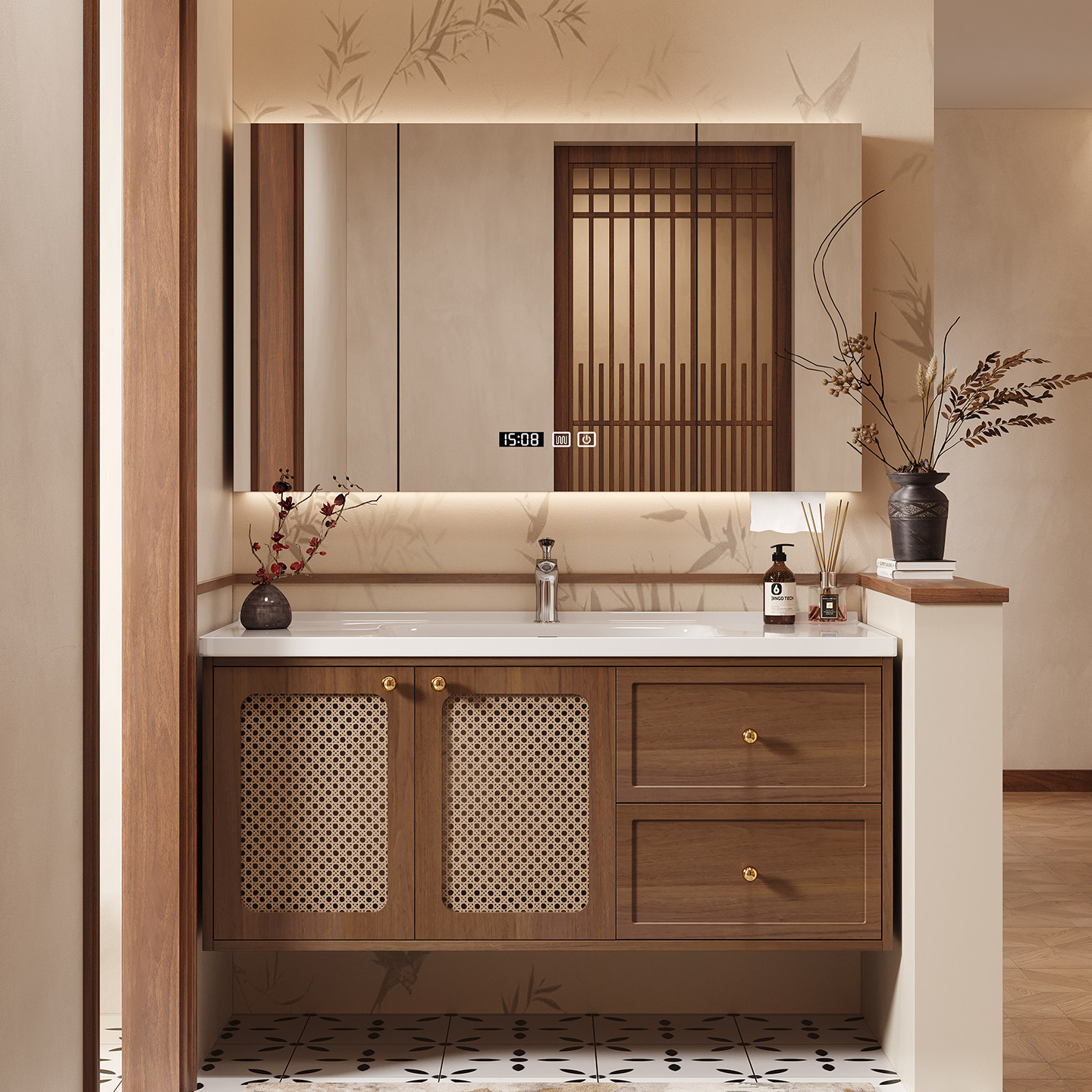 新中式藤编实木浴室柜组合陶瓷一体盆卫生间洗脸盆洗漱台2026新款