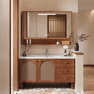 中古风落地款浴室柜2025新款卫生间洗手洗脸盆柜藤编橡木洗漱台