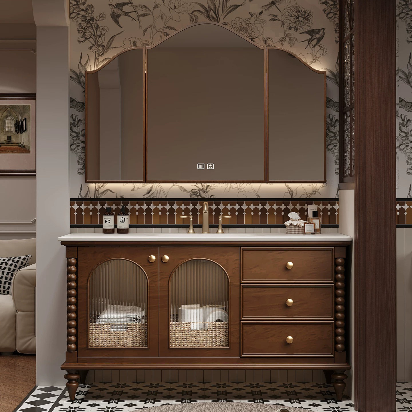 法式中古风浴室柜落地式洗漱台2026新款复古洗脸一体盆洗手台组合