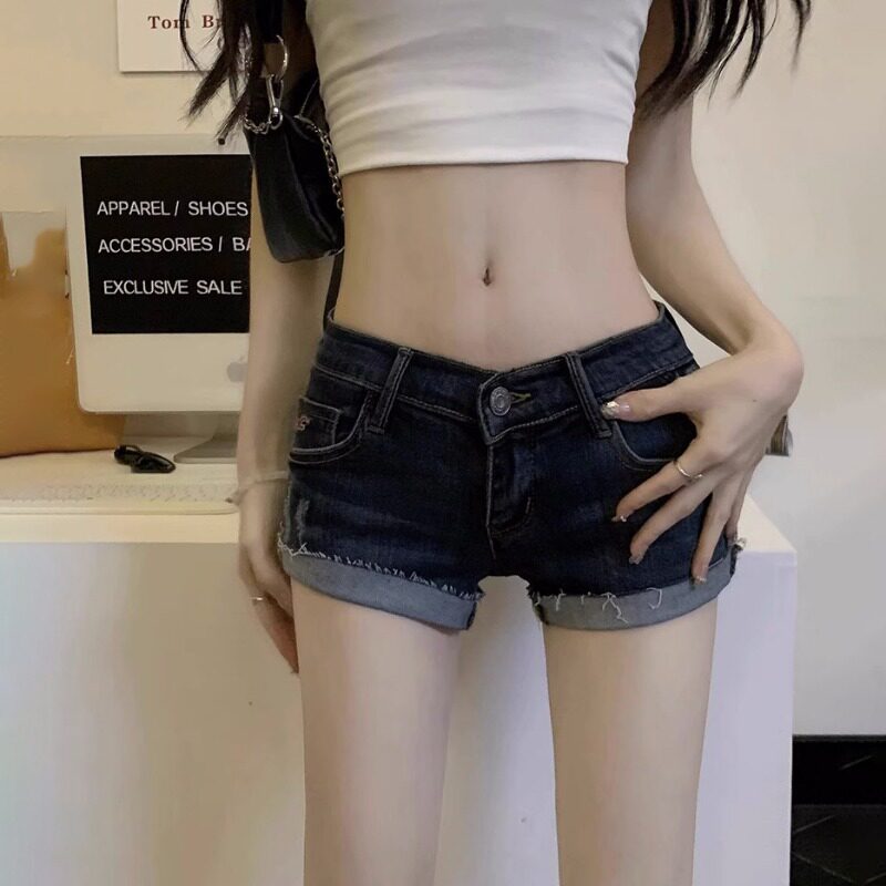 美式辣妹翻边牛仔超短裤