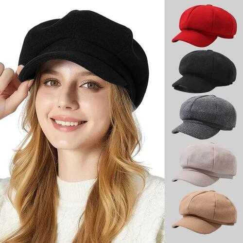 Autumn Winter Hats for Women Solid Plain Octagonal Newsboy C