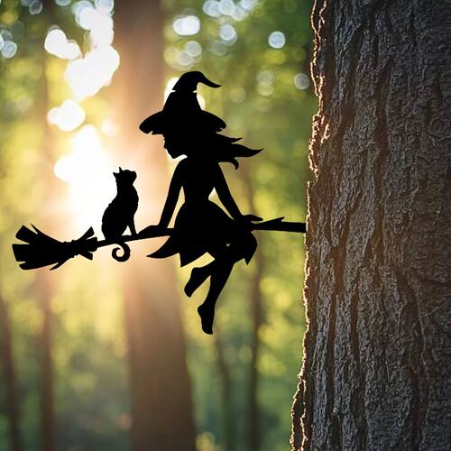 Enchanting Witch & Cat Garden Decor - Durable Iron Art with