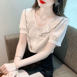 减龄v领上衣法式 女士夏季 新款 潮 洋气小衫 泡泡袖 荷叶边短袖 雪纺衫
