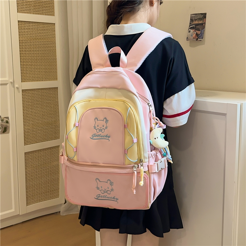 可爱猫咪绣线撞色抽绳大容量旅行电脑学生书包森系女双肩背包