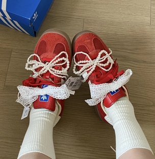 T头鞋德训鞋samba红色婚鞋爆改定制结珍珠蝴蝶结鞋扣配饰结婚装饰