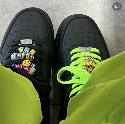 适配AF1空军一号黑武士粉色钩子图案logo鞋带纯黑扁型aj1鞋绳子
