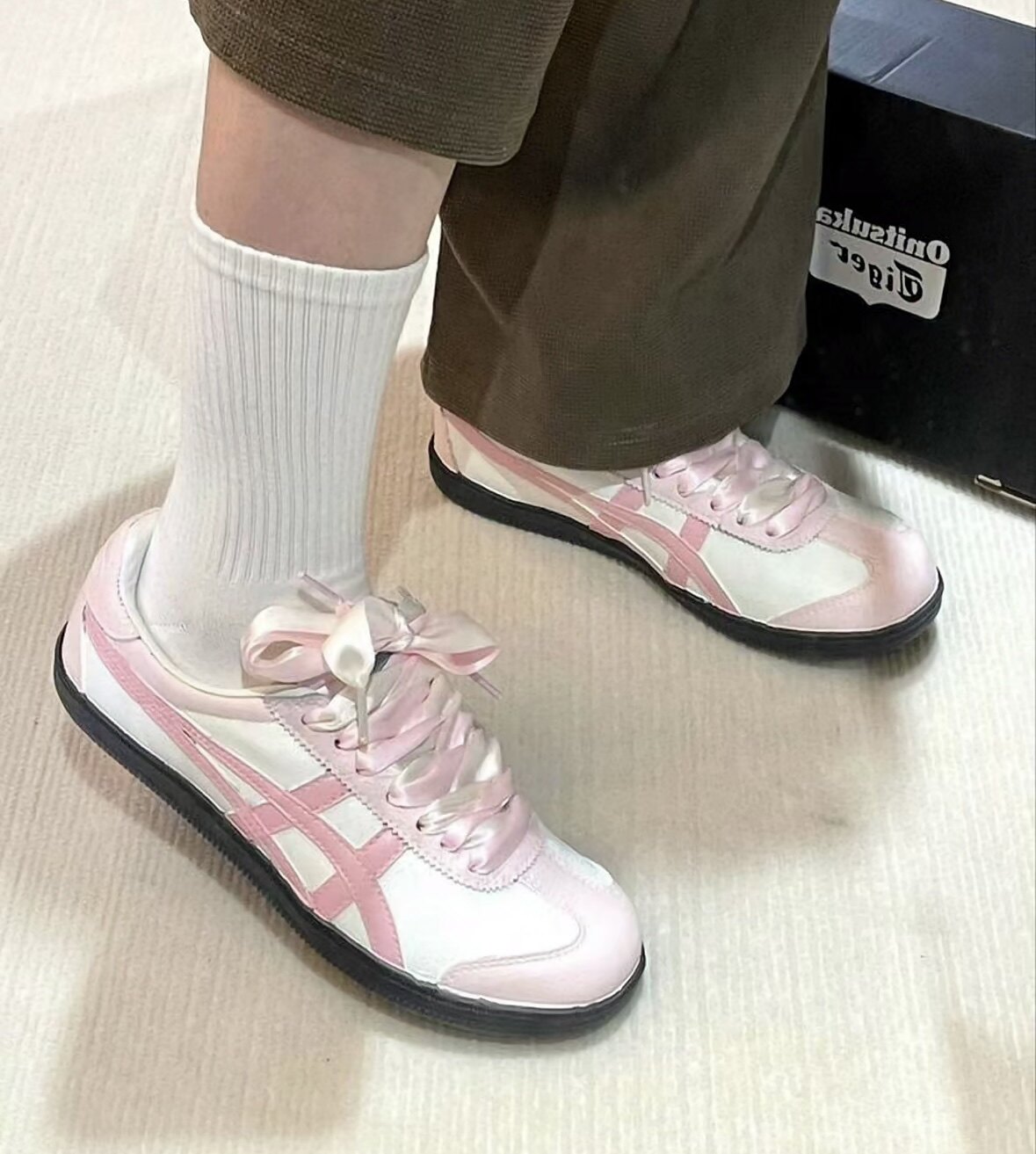 适配低帮鬼冢虎德训鞋丝带鞋绳黑白拼接补丁板鞋男女浅蓝丝绸鞋带