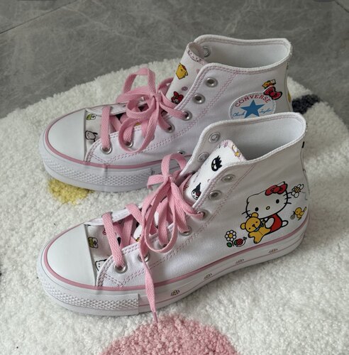 适用于公主风帆布鞋小白鞋hellokitty凯蒂猫图案扁平卡通kt猫鞋带