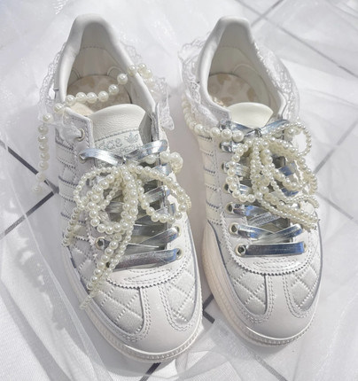 爆改婚鞋纯白小香风spezial德训鞋珍珠蝴蝶结鞋扣配饰芭蕾风装饰