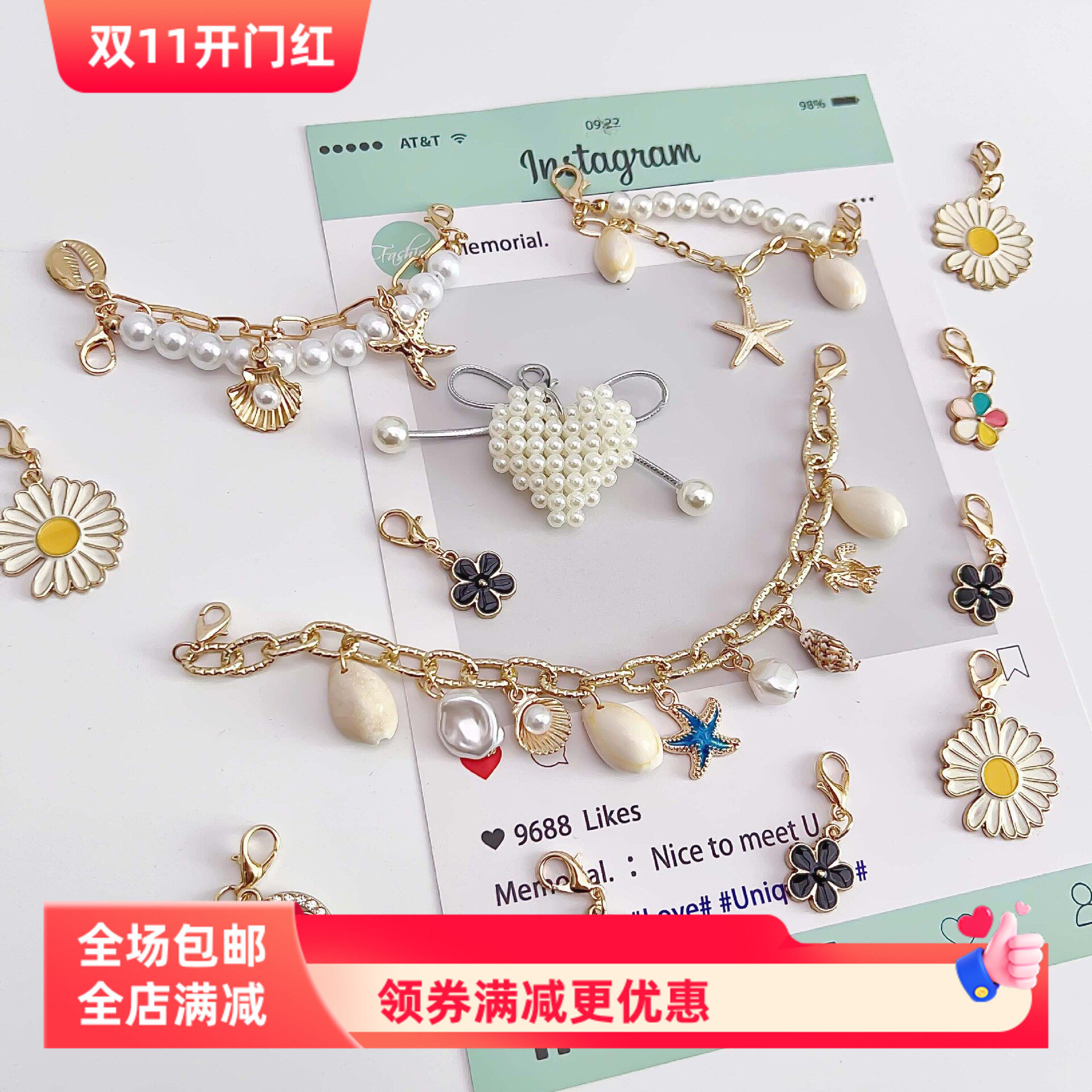鞋花鞋挂韩国东大门挂件合金贝壳珍珠串珠手工diy女鞋饰品跨境新
