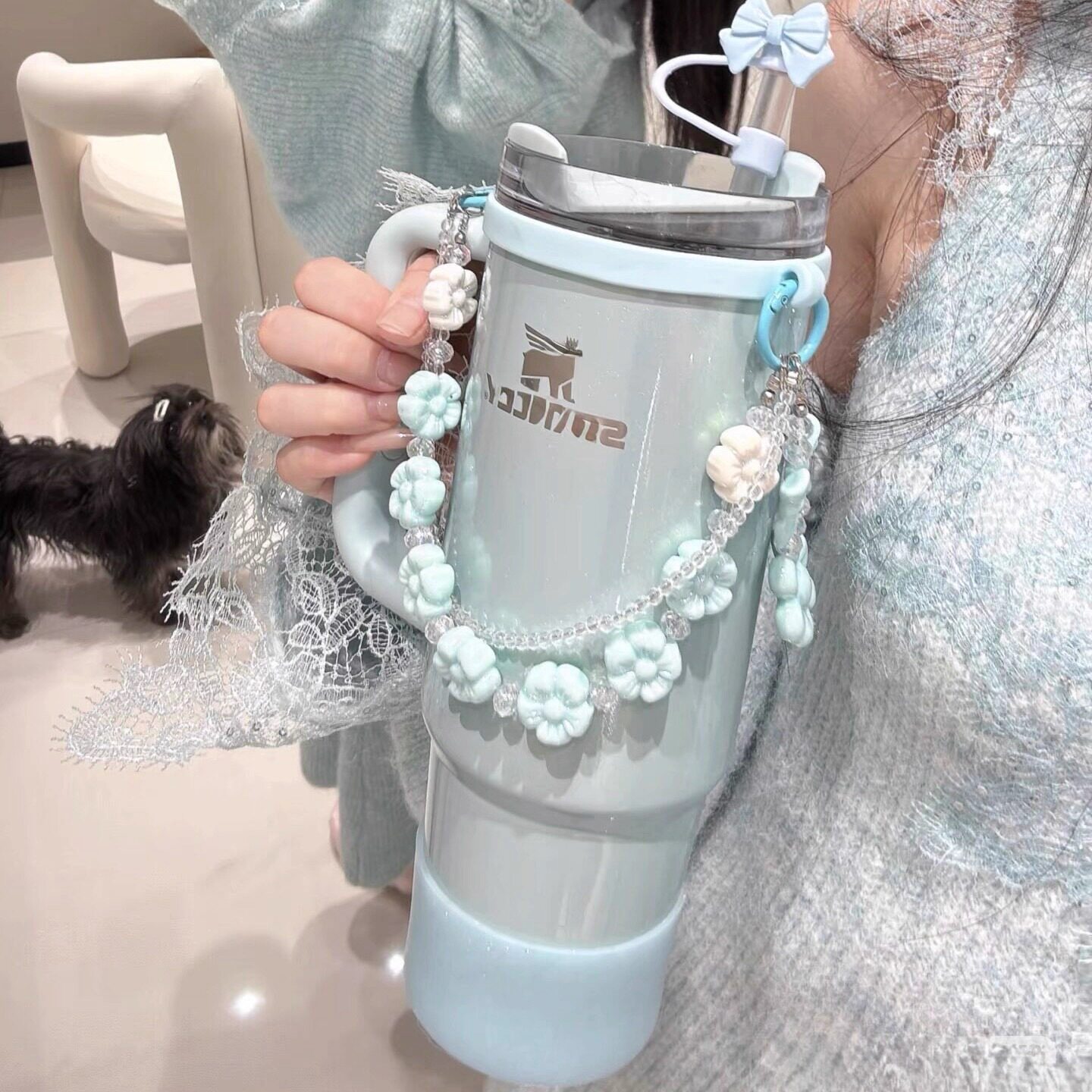 适用于珠光蓝史丹利水杯双层蓝色小花杯链蓝色蝴蝶结珍珠挂件配件图片