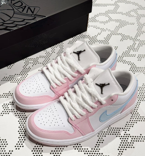 白色粉色毛绒扁鞋带适配AJ1低帮板鞋猫爪粉白色马卡龙小熊diy配饰