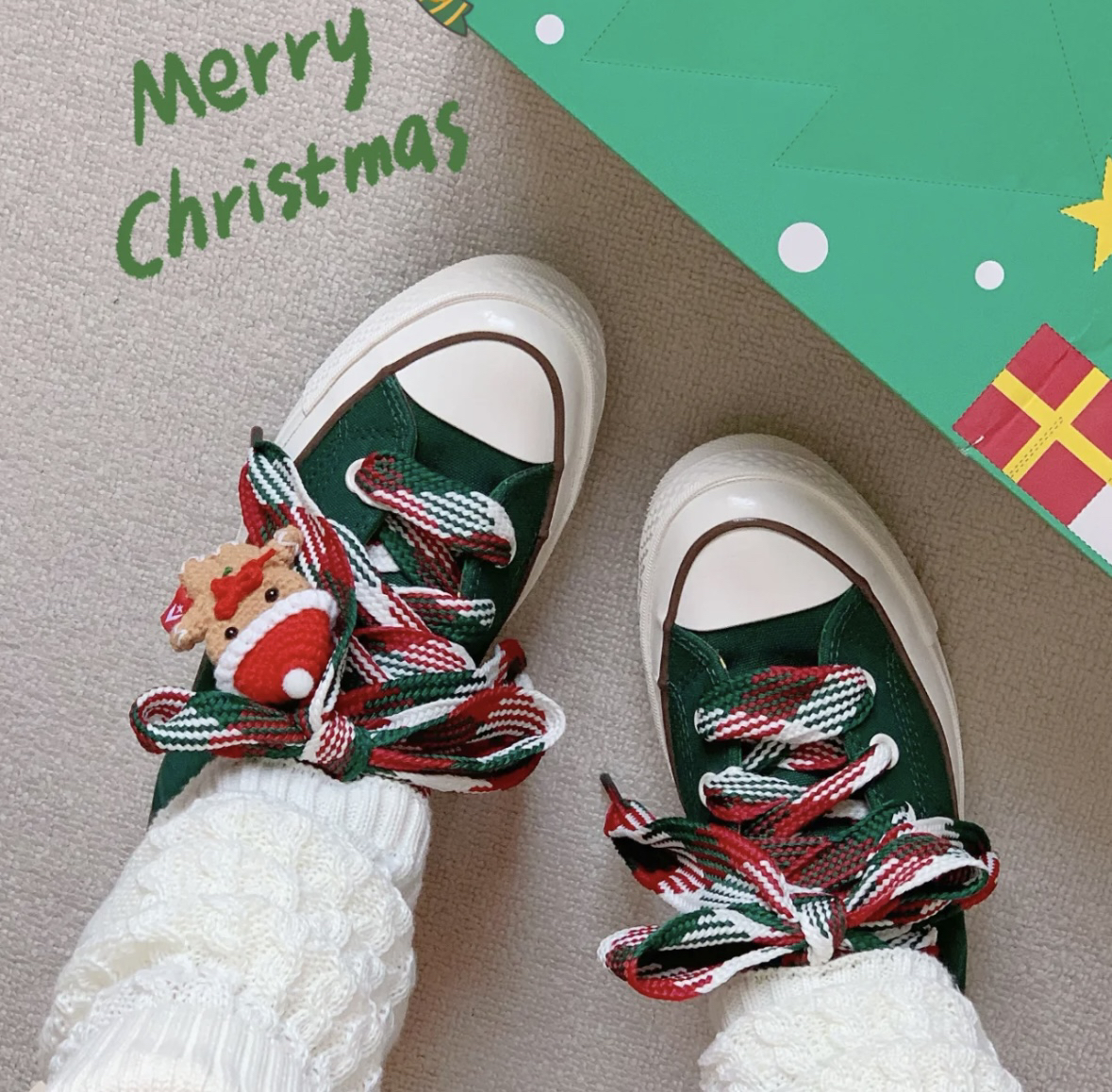 圣诞红白绿针织混色宽扁带鞋带适配匡威1970S帆布鞋姜饼人鞋带绳