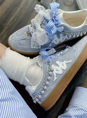 白色蕾丝蝴蝶结珍珠后跟链配饰适配kappa蓝色T头鞋德训鞋鞋扣鞋花