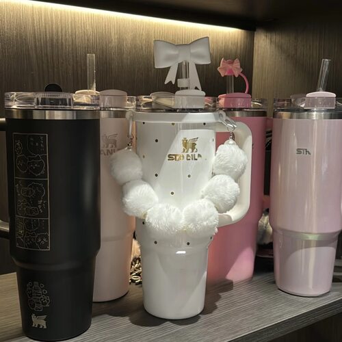 适用于Stanley波点水杯杯套芭蕾风毛球挂链白色蝴蝶吸管塞杯底套