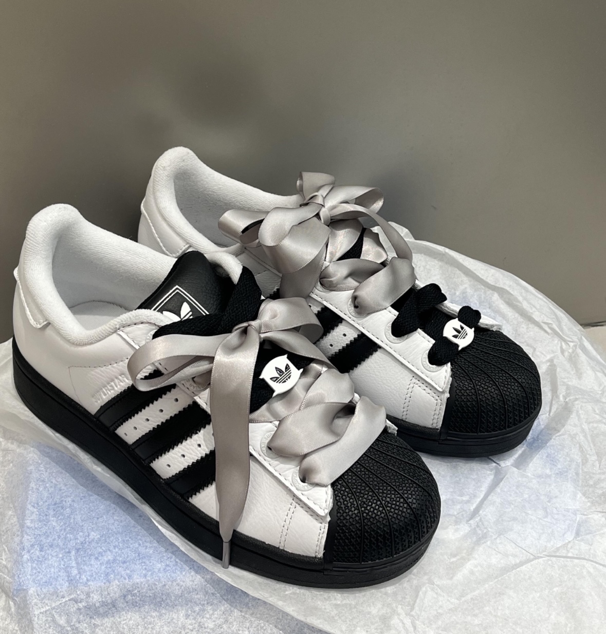 适配阿迪贝壳头superstar2黑粉色芭蕾风丝带鞋绳德训鞋银丝绸鞋带