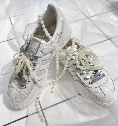 爆改婚鞋纯白小香风spezial德训鞋珍珠蝴蝶结鞋扣配饰芭蕾风装饰