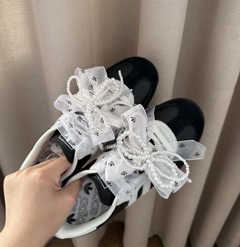 白色阿迪印花图案雪纺纱纱鞋带适配T头德训鞋diy芭蕾风可拆卸配饰