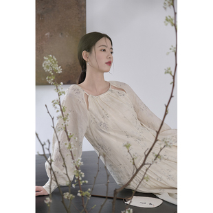 连衣裙白色优雅气质中国风复古女装 山有色春夏新中式 苎麻改良长裙
