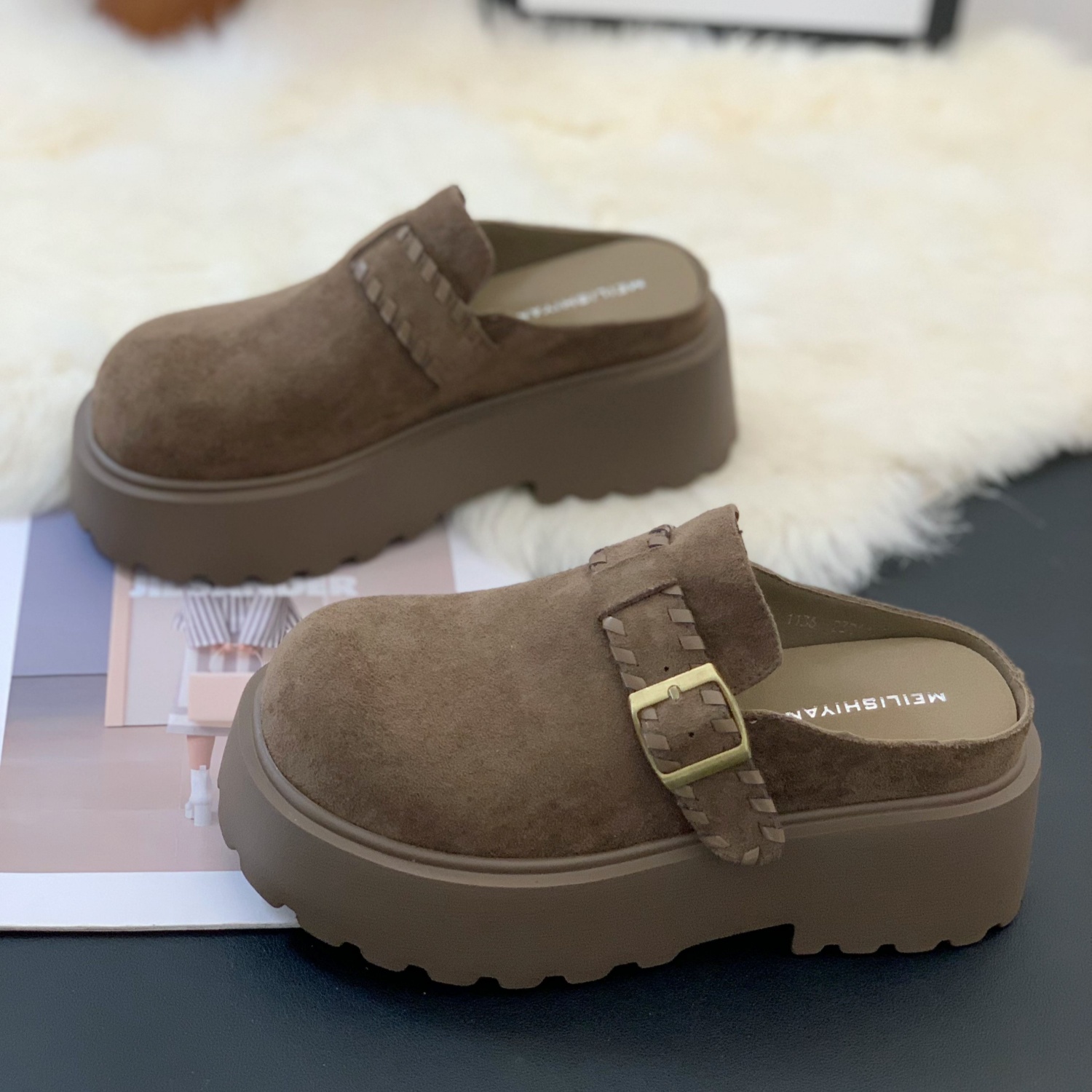 防滑绒面一字带厚底增高勃肯半拖