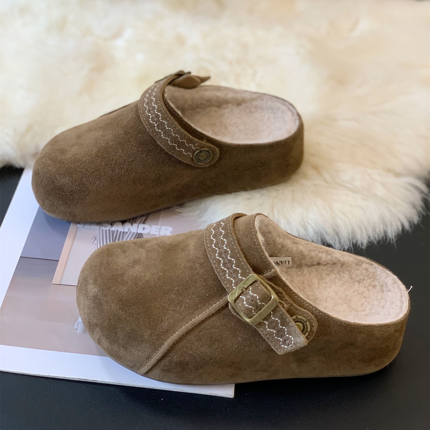 复古磨砂一字扣超火加绒勃肯棉鞋