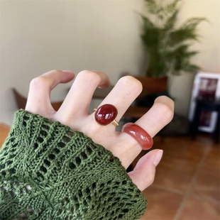 天然南红蛋面戒指s925纯银红色玛瑙玉髓戒指宝石戒指女款翡翠戒指