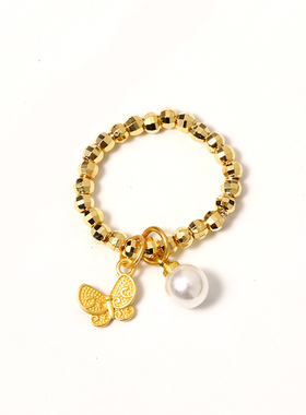 碎金戒指蹦迪珠戒指碎金珍珠蝴蝶戒金指环复古宫廷风新款饰品女