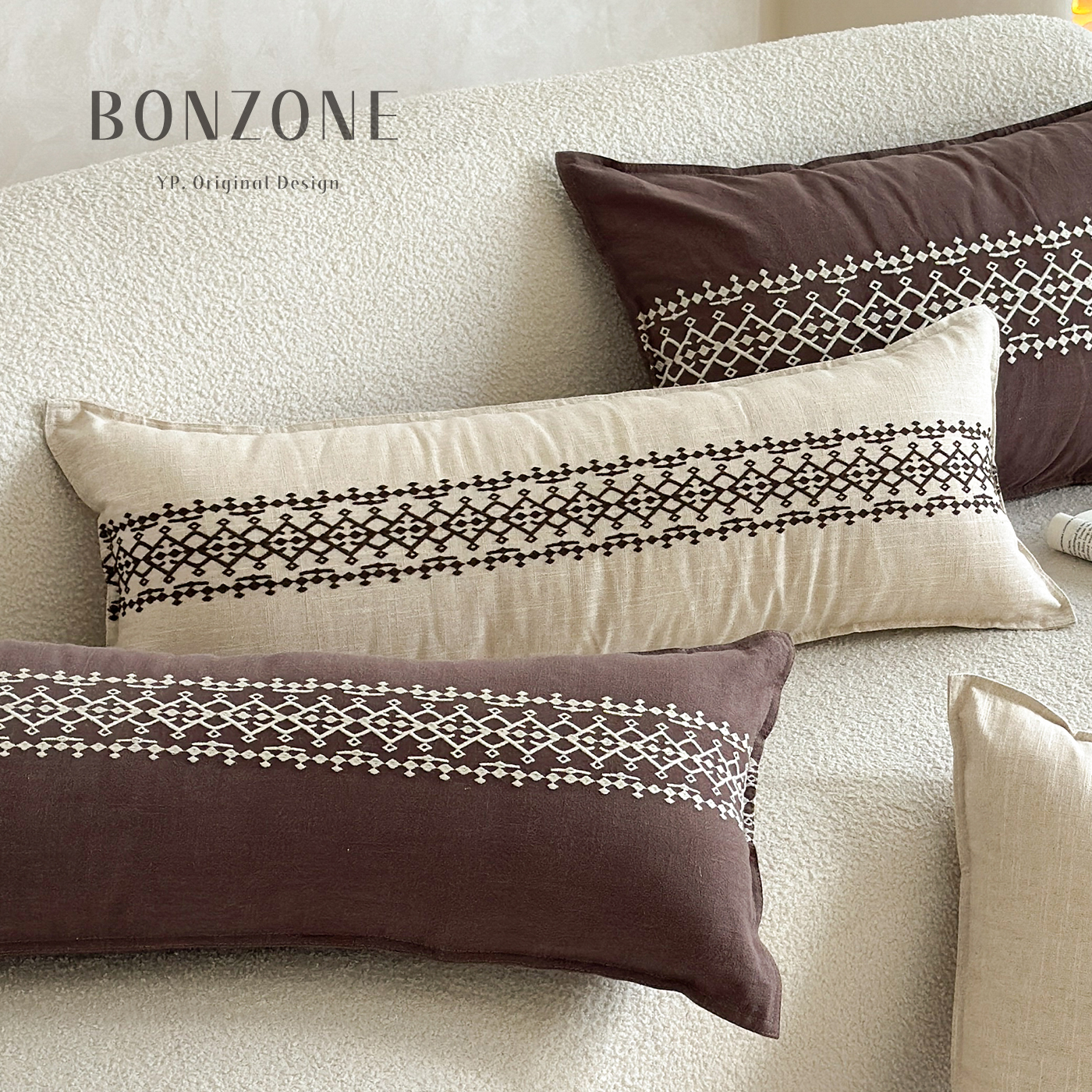 长条复古棉麻菱格花纹刺绣客厅靠背垫腰靠枕靠垫中式腰枕沙发抱枕