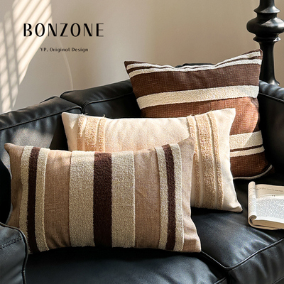 博洲中古风意式复古米咖条纹抱枕沙发客厅靠背垫高级感飘窗靠垫套