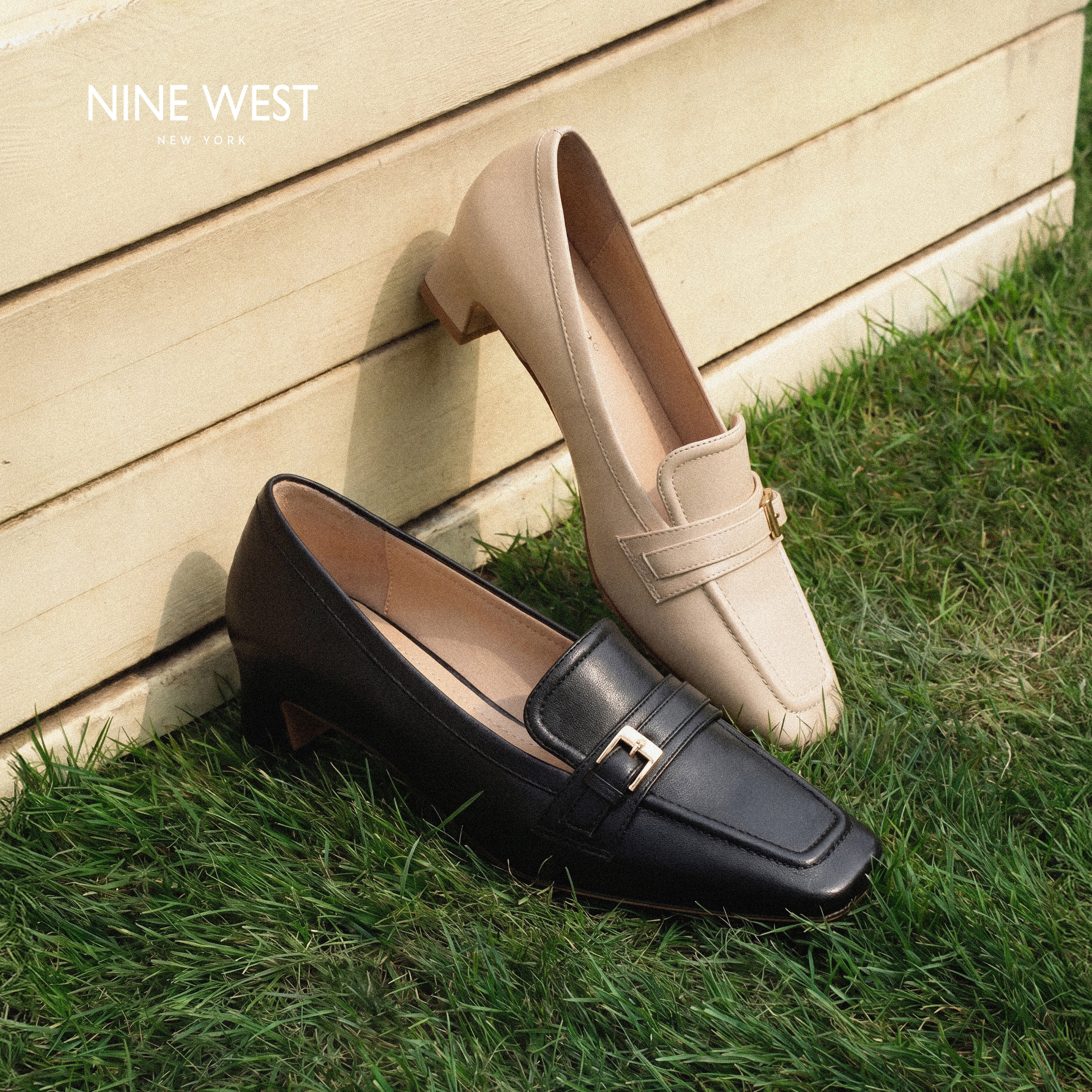 Nine West/玖熙皮面方头粗跟乐福鞋女一脚蹬通勤久穿不累百搭女鞋